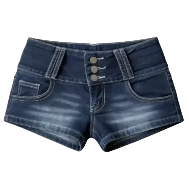Dark-wash brown Y2k denim shorts with high waist, button closure, and side pockets featuring leopard belt