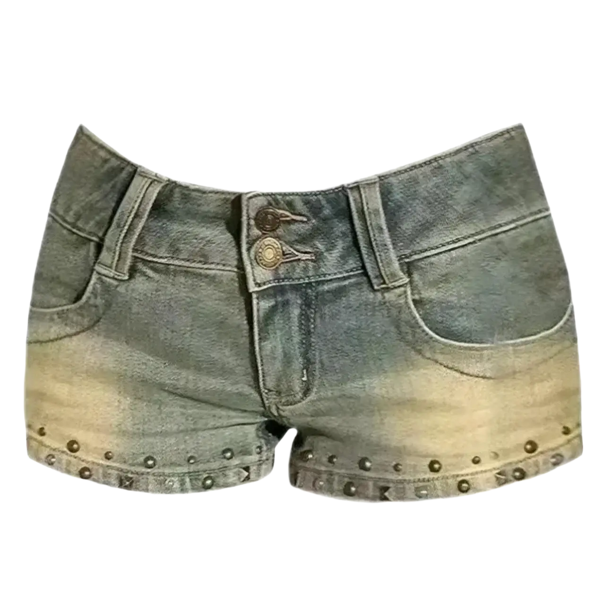 Brown y2k denim shorts with faded blue distressed wash and metallic studs along the hem with leopard belt