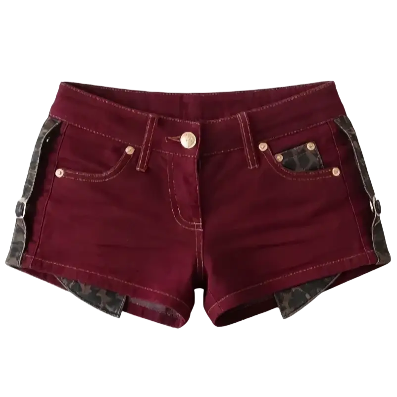 Brown Y2K denim shorts in maroon with black camouflage trim on sides and pockets featuring a leopard belt