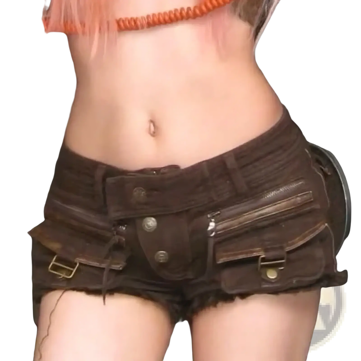 Brown Y2k denim shorts in brown with multiple pockets metallic hardware and leopard belt detail