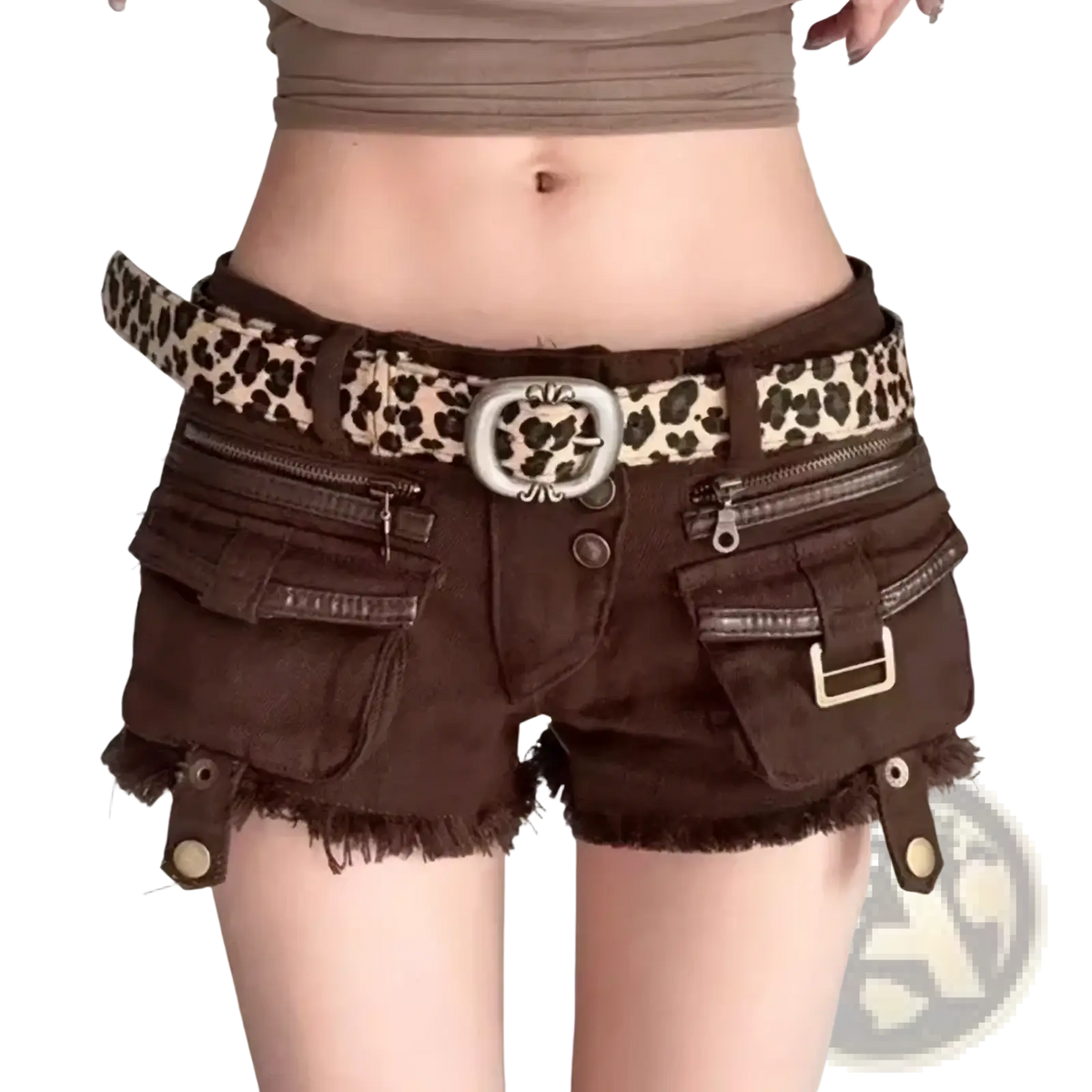 Brown y2k denim shorts in brown with multiple pockets and a leopard print belt for casual wear