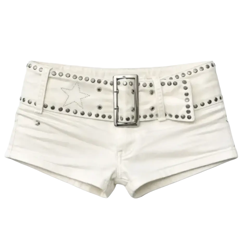White denim shorts featuring metallic studs and a silver star-studded belt with leopard pattern accents