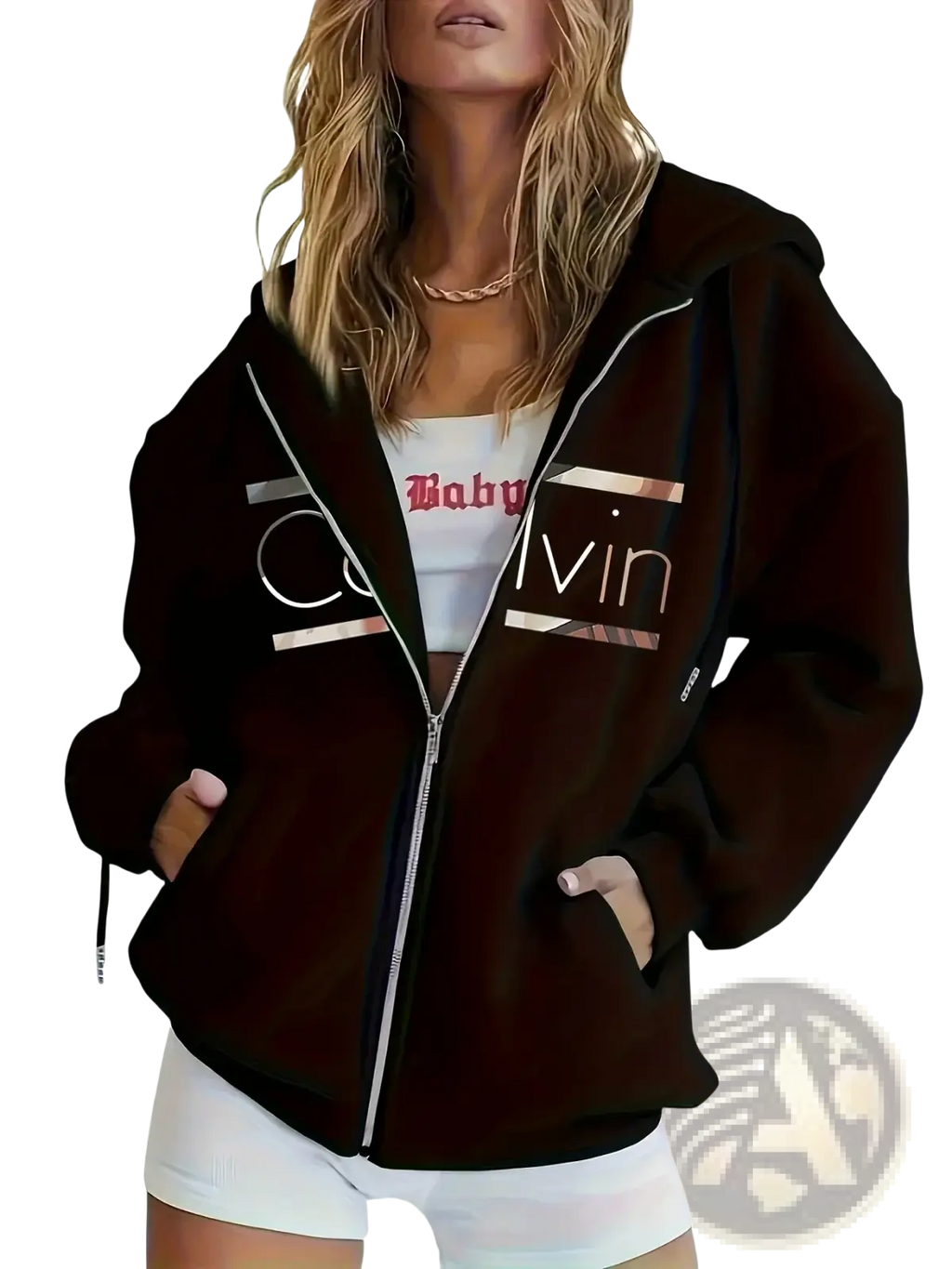 Black Calvin Klein zip-up fleece hoodie with white and rose gold lettering and trim for casual wear