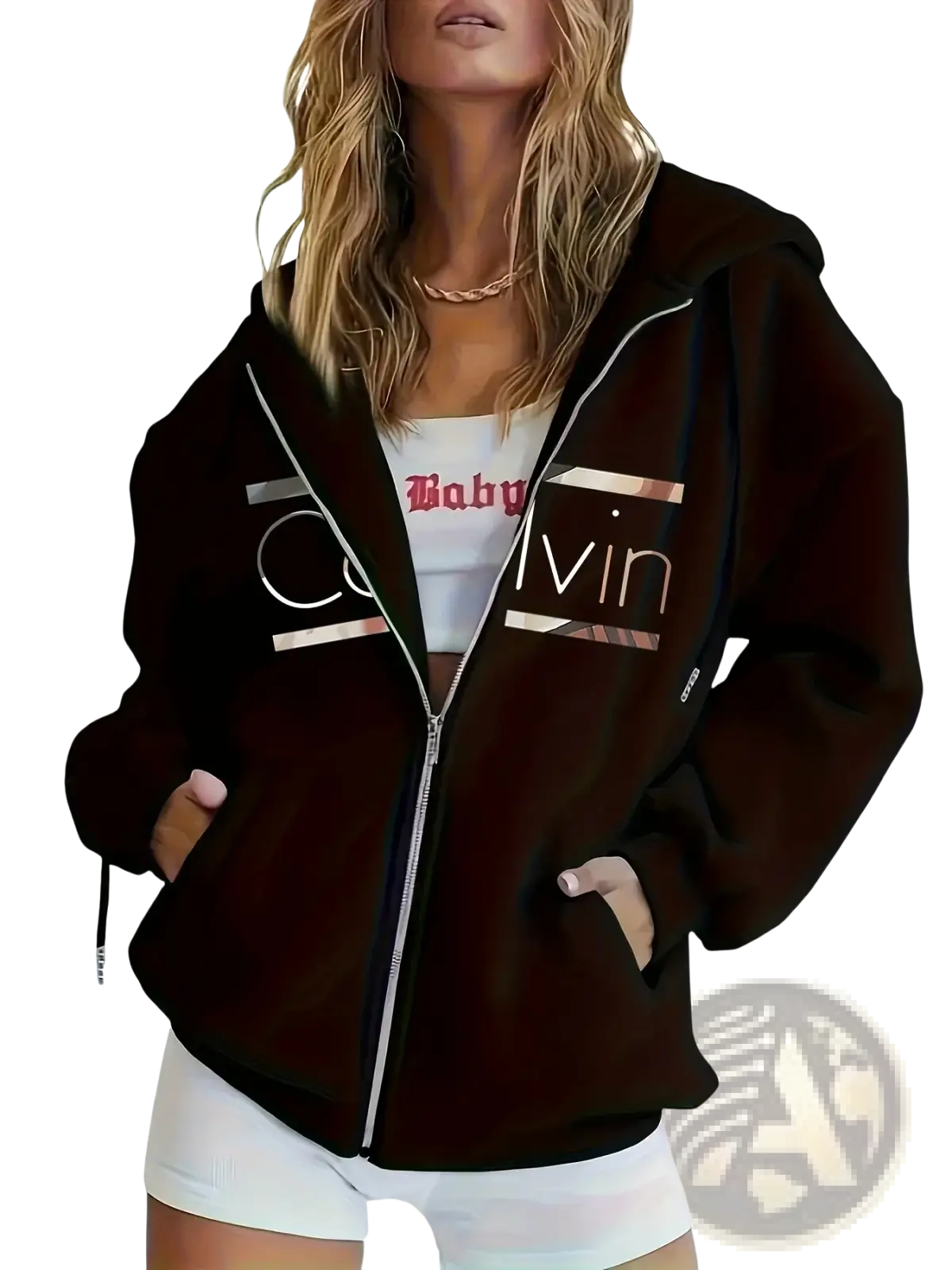 Black Calvin Klein zip-up fleece hoodie with white and rose gold lettering and trim for casual wear
