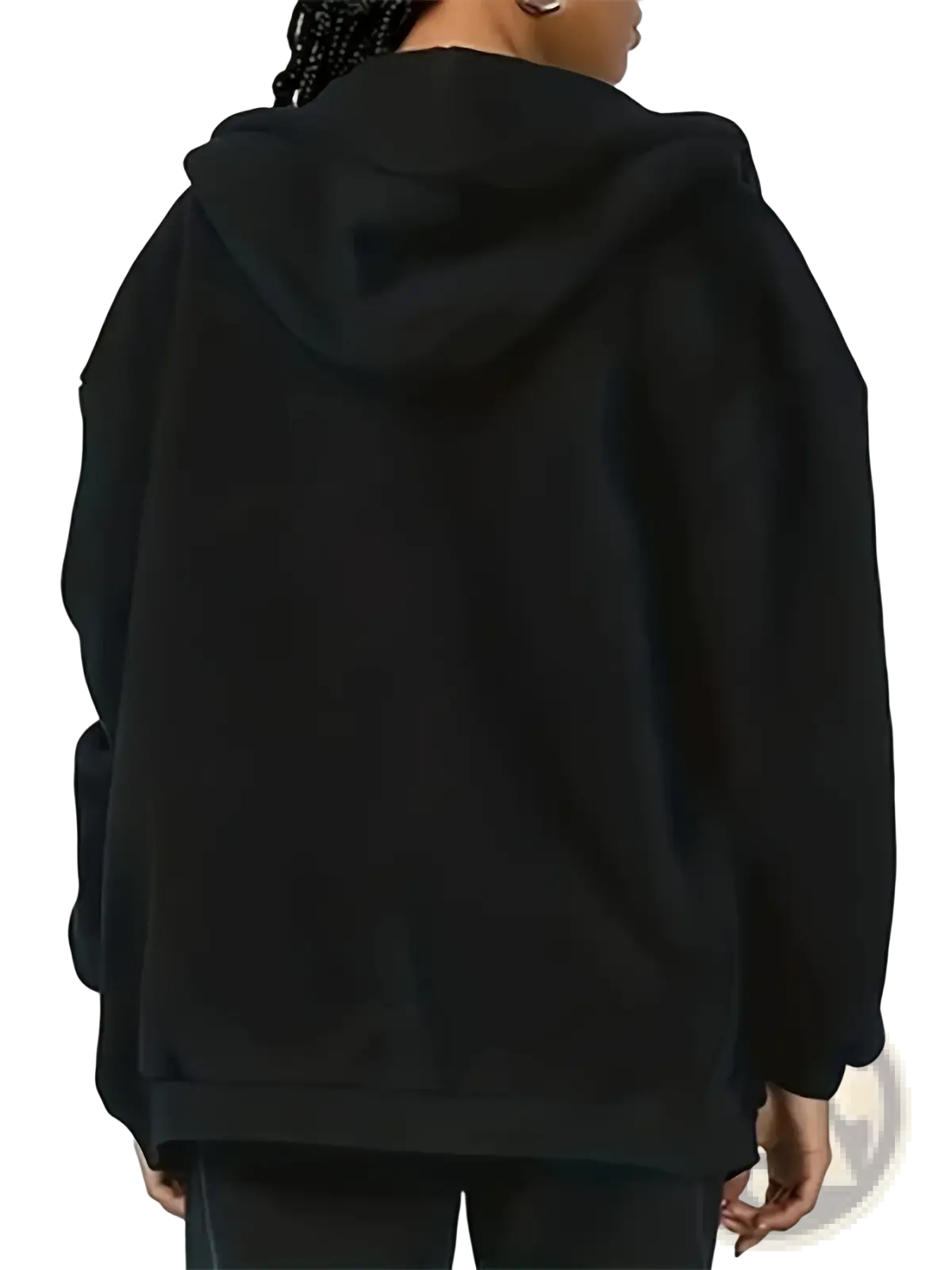 Black oversized zip-up fleece hoodie with relaxed fit and ribbed cuffs for casual use