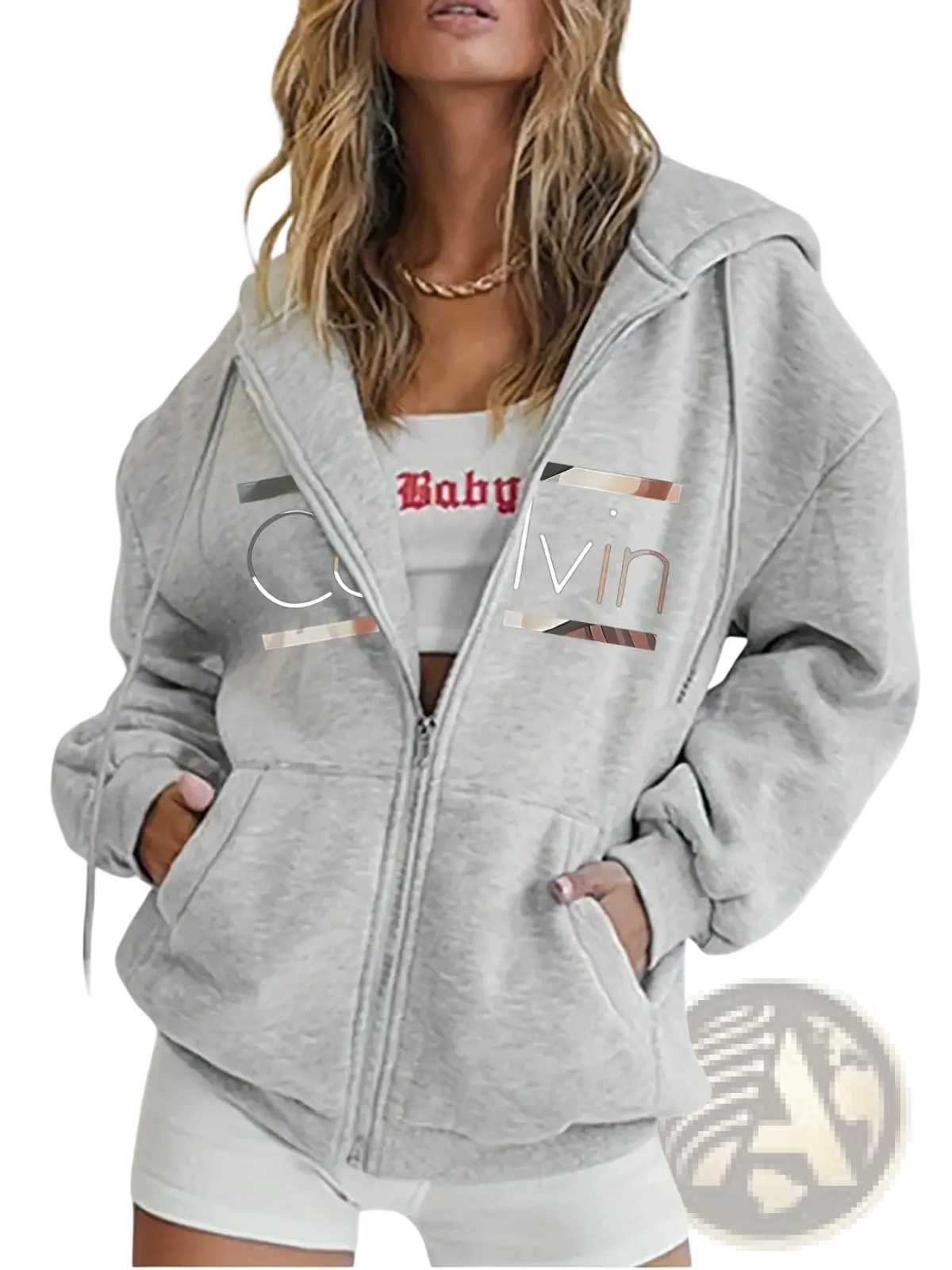 Gray calvin klein zip-up fleece hoodie with bold metallic logo on chest for casual wear