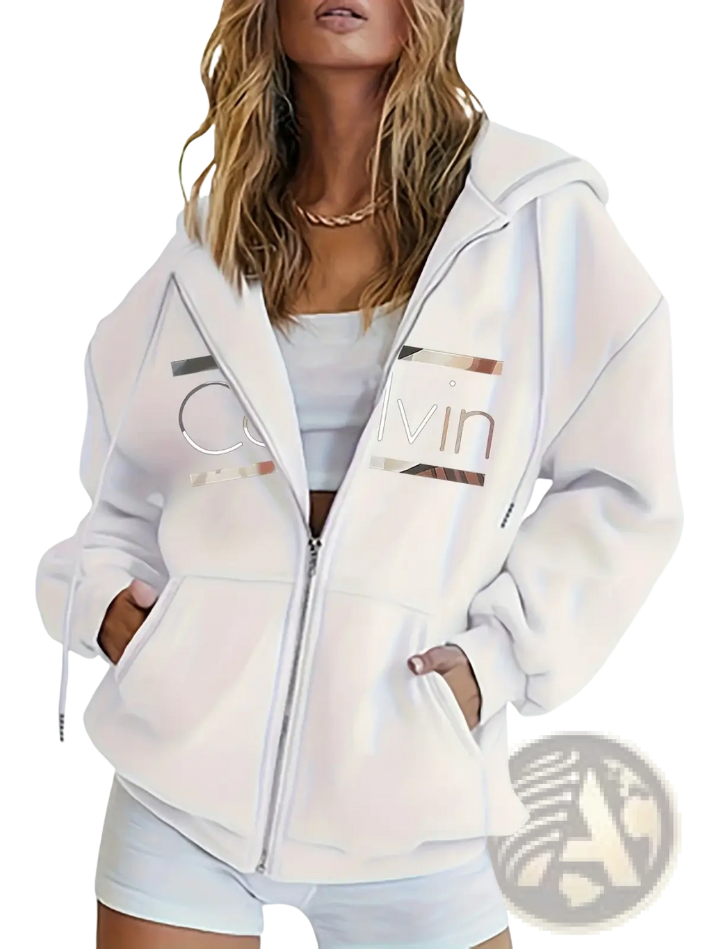 White calvin klein zip-up hoodie with metallic silver logo accents featured in a brown fleece casual sweatshirt setting