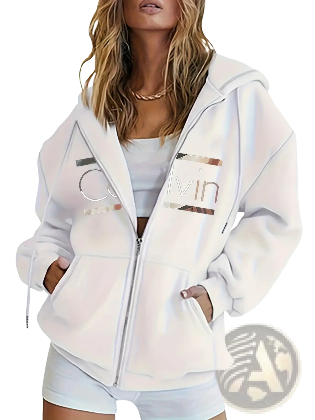 White calvin klein zip-up hoodie with metallic silver logo accents featured in a brown fleece casual sweatshirt setting
