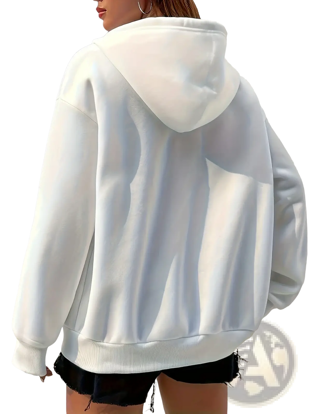 White oversized hoodie with soft shiny fabric and ribbed cuffs in a brown zip-up fleece hoodie casual sweatshirt style