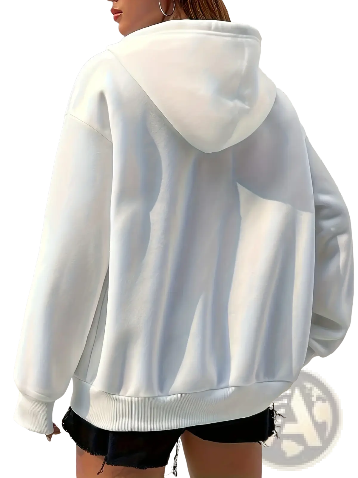 White oversized hoodie with soft shiny fabric and ribbed cuffs in a brown zip-up fleece hoodie casual sweatshirt style