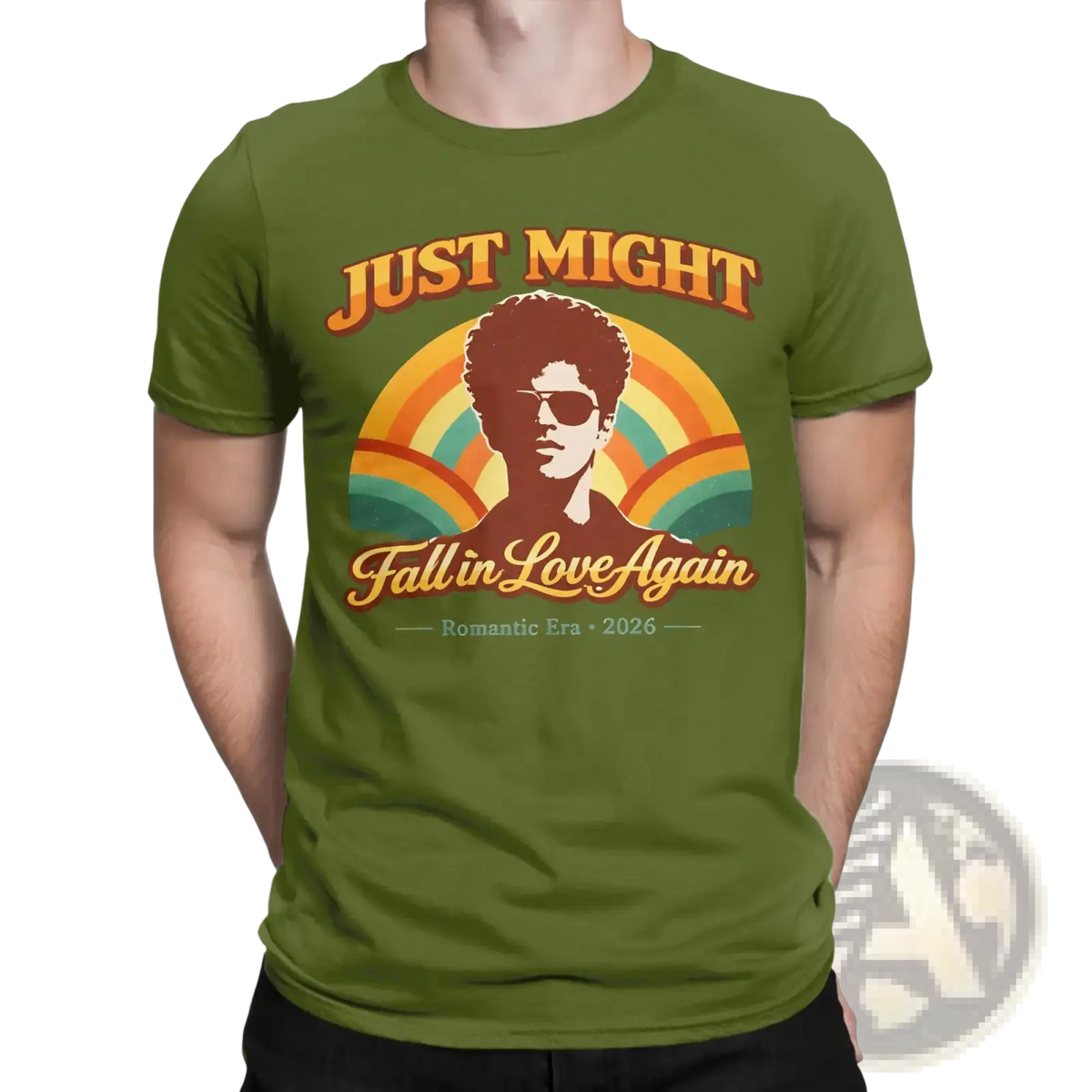 Olive green cotton bruno mars vintage tour t-shirt with a man in sunglasses and romantic era 2026 graphic design