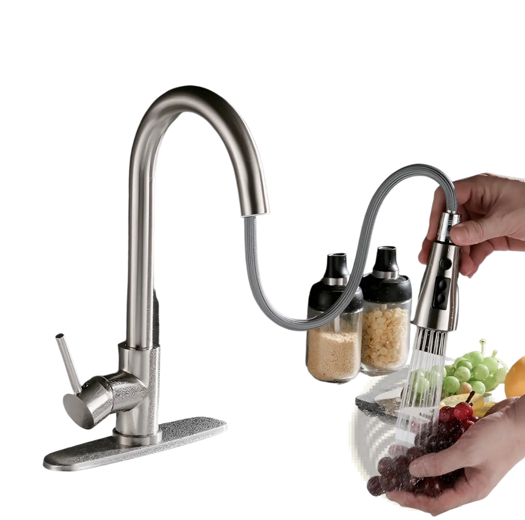 Brushed copper pull out kitchen faucet in stainless steel with sleek curved spout and flexible hose