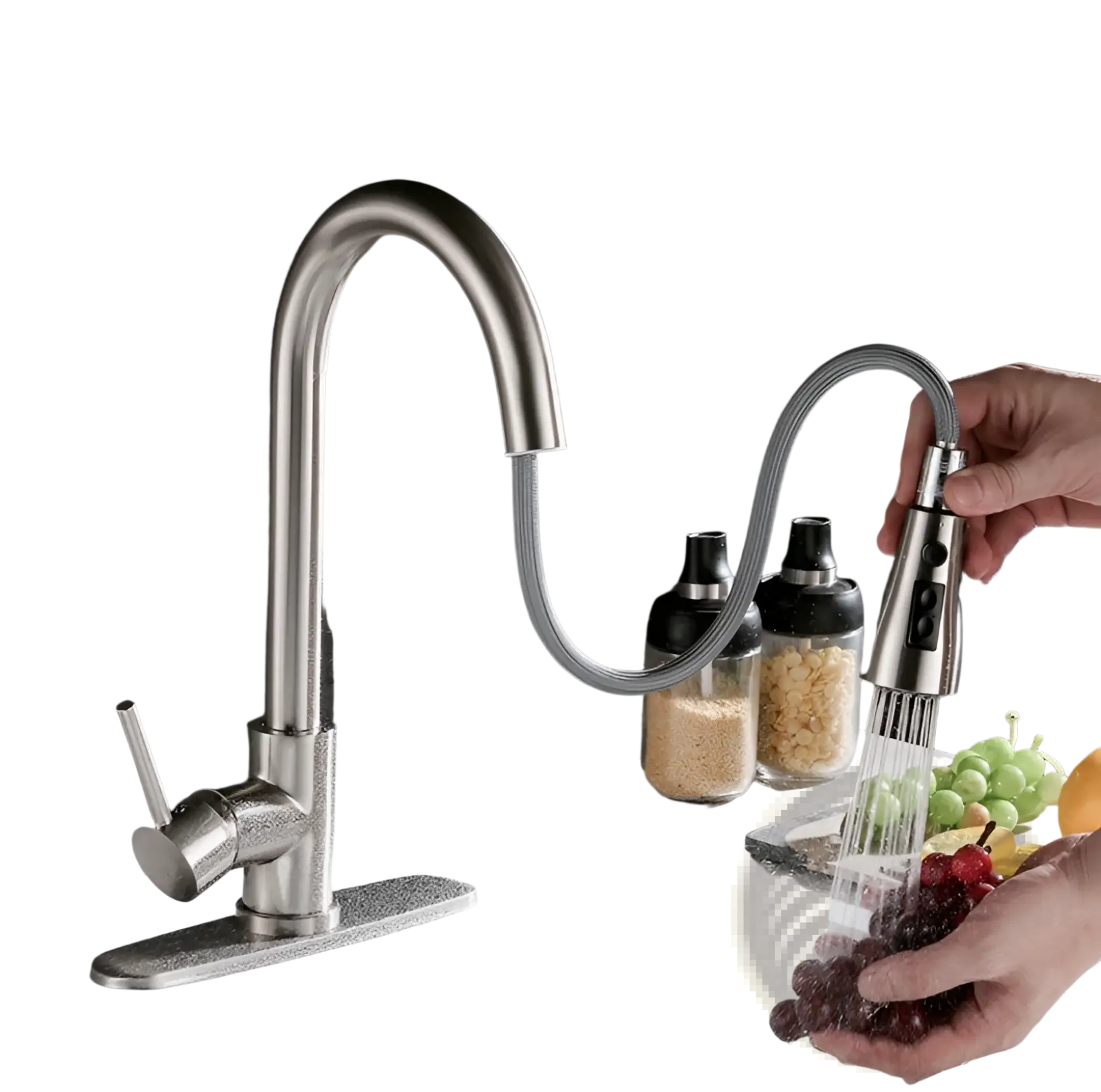 Brushed copper pull out kitchen faucet in stainless steel with sleek curved spout and flexible hose