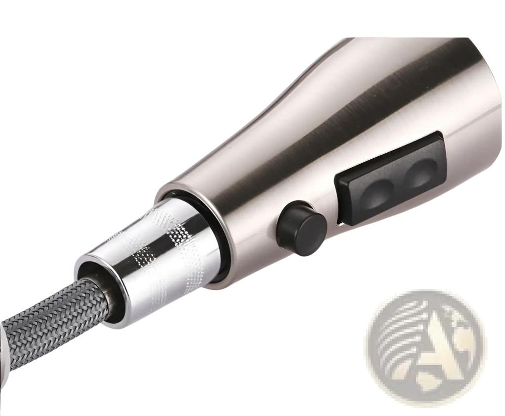 Brushed copper pull out kitchen faucet in stainless steel with brushed finish and black control buttons