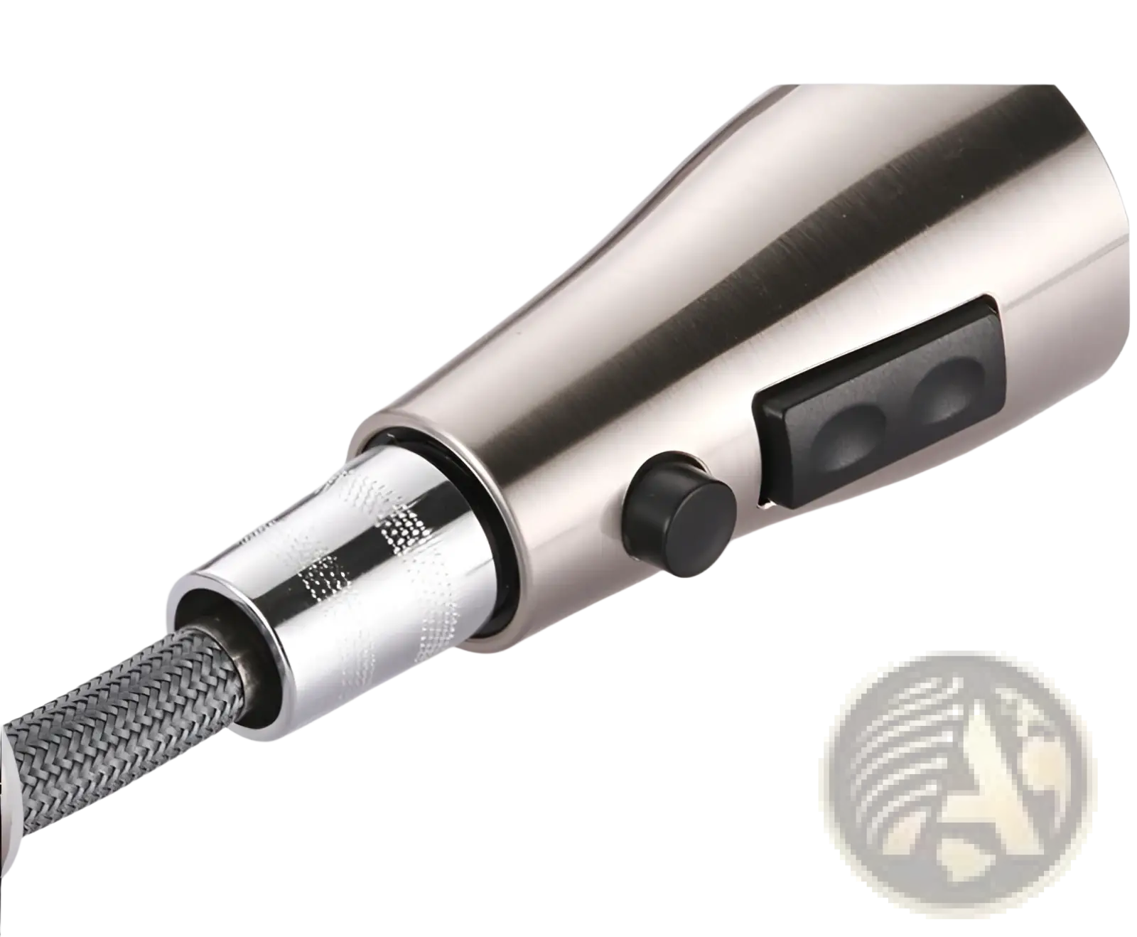 Brushed copper pull out kitchen faucet in stainless steel with brushed finish and black control buttons