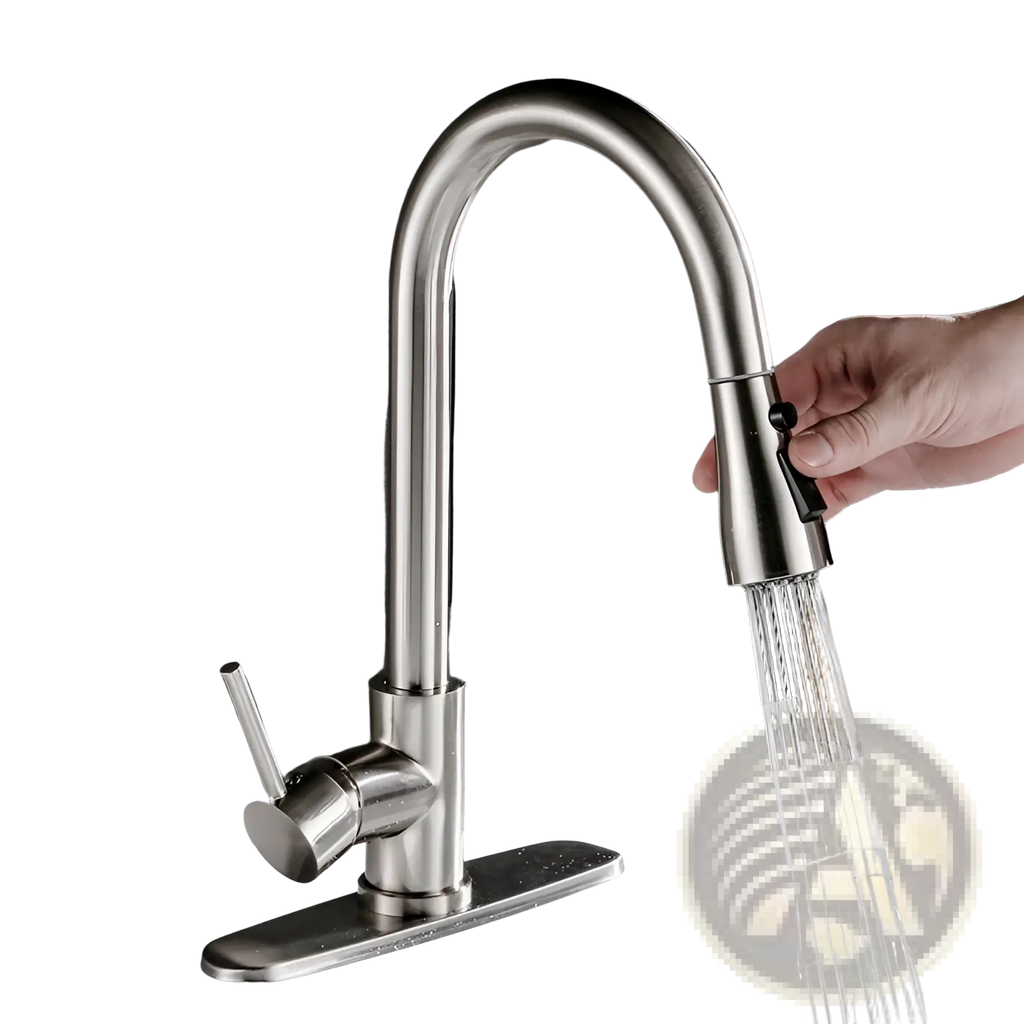 Brushed copper pull out kitchen faucet with modern stainless steel finish and sleek curved spout with pull-down spray head