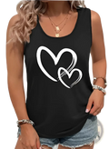 Black sleeveless crew neck tank top with white brushstroke heart print made of soft breathable fabric