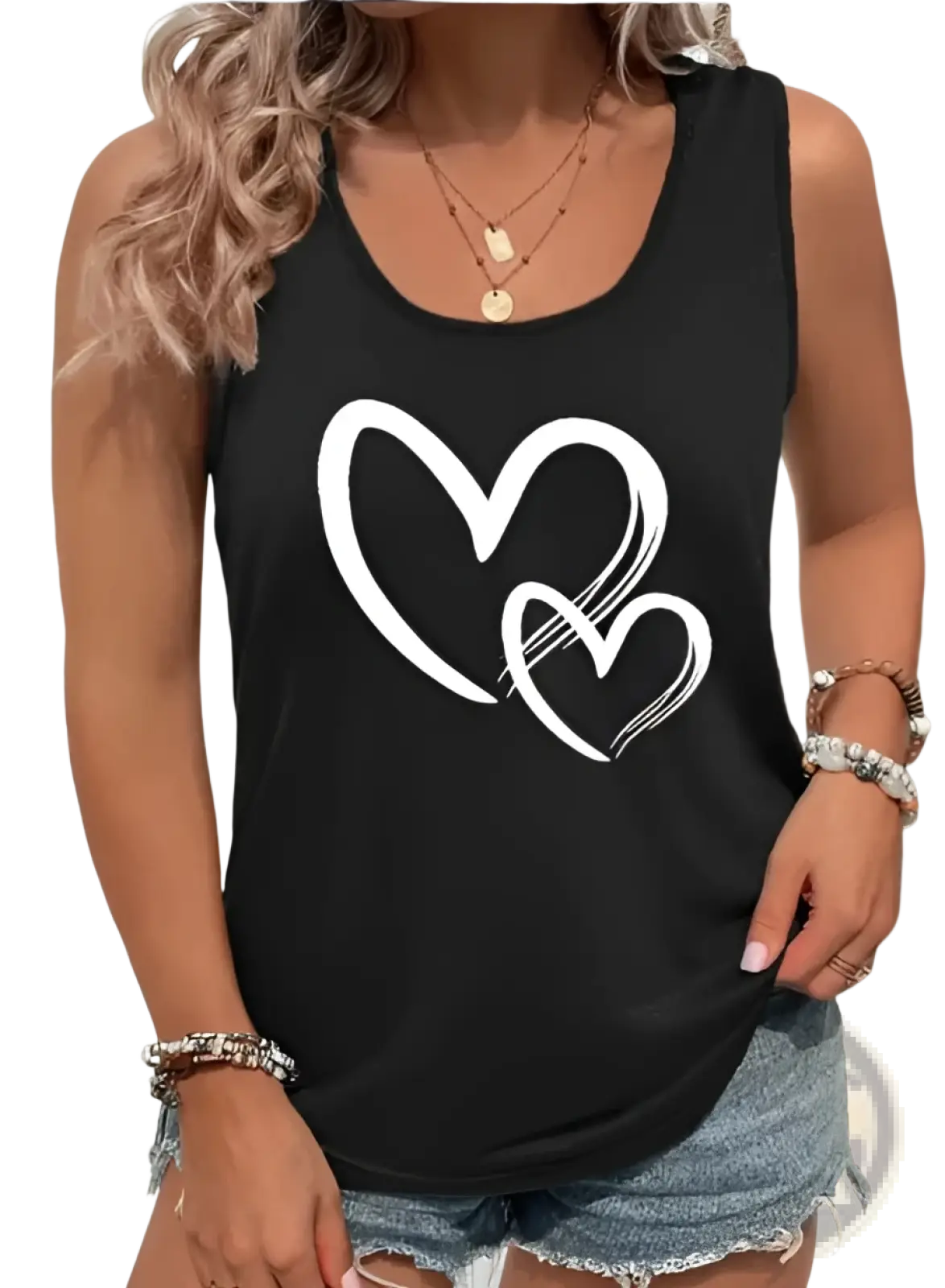 Black sleeveless crew neck tank top with white brushstroke heart print made of soft breathable fabric