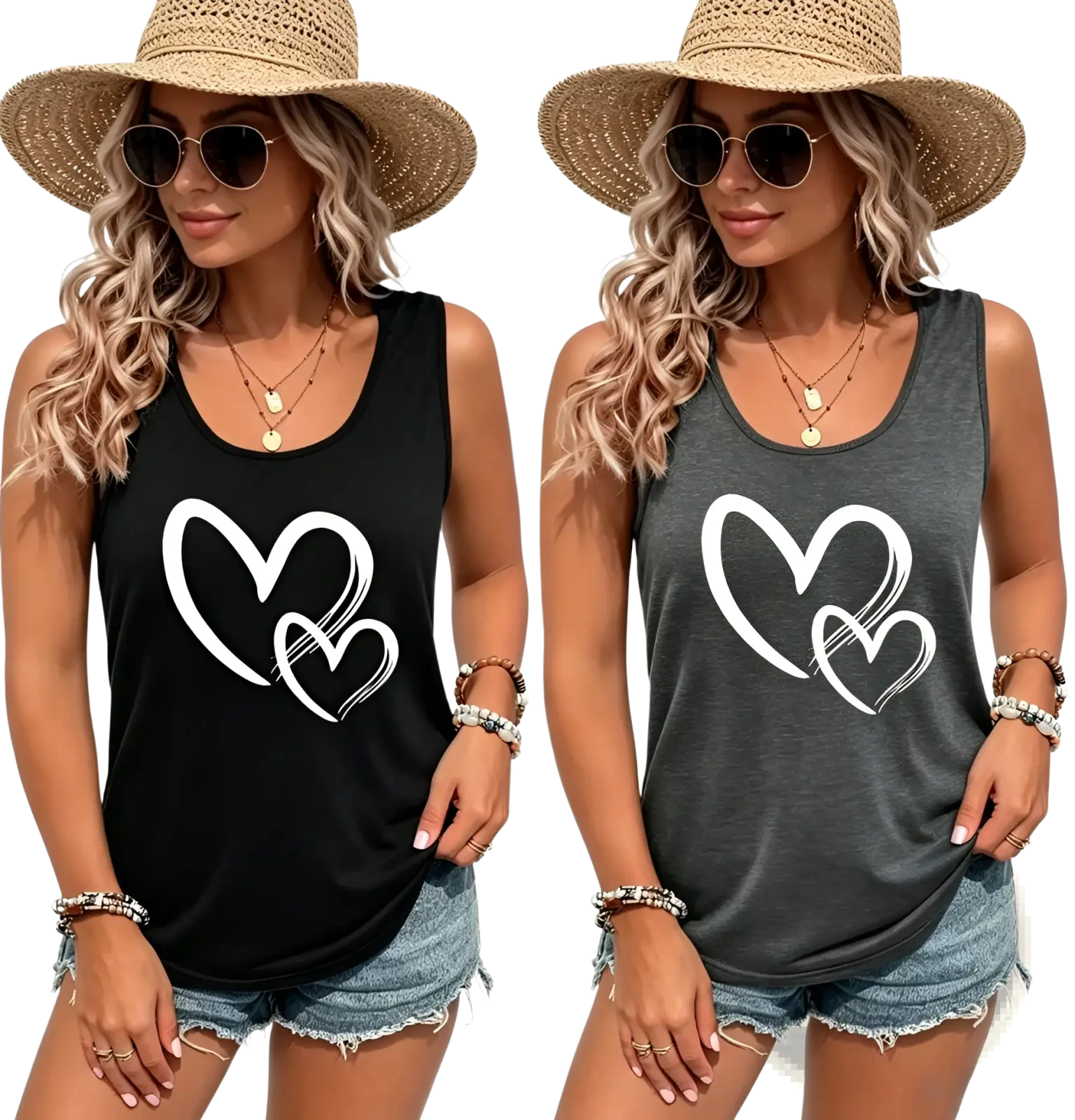 Black and gray sleeveless crew neck tank tops with white brushstroke heart print in soft breathable fabric