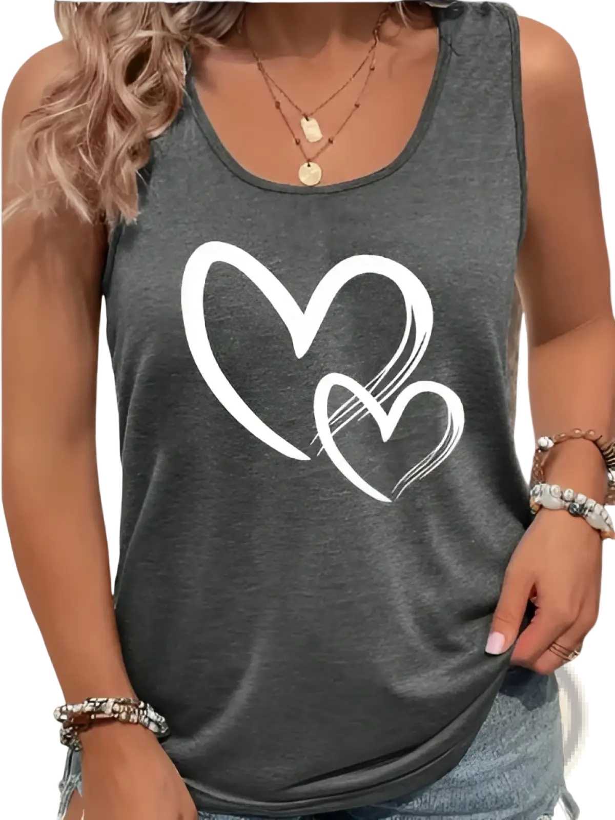 Gray sleeveless crew neck tank top with white brushstroke heart print, ideal for casual summer wear