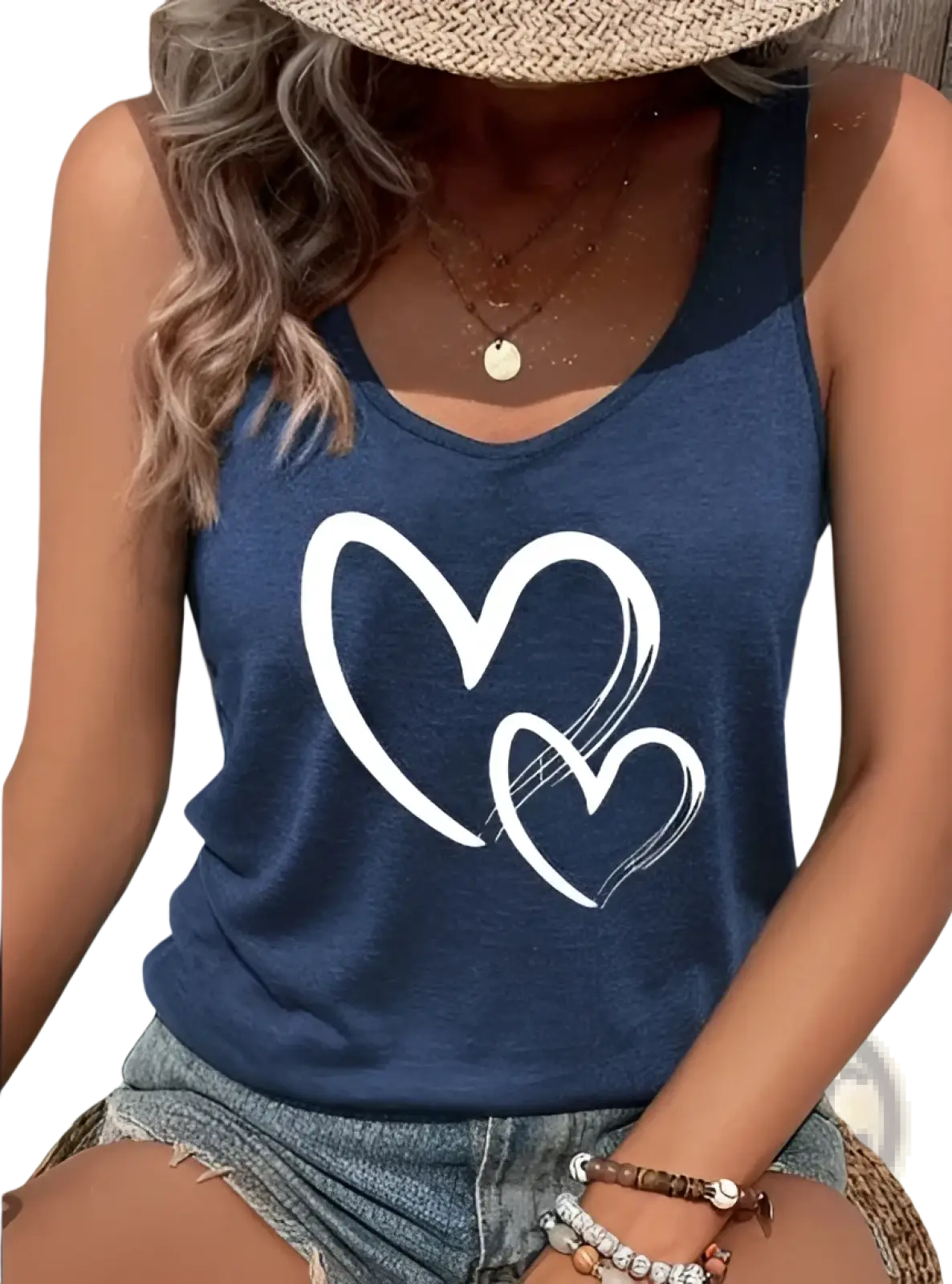 Navy blue brushstroke heart print sleeveless crew neck tank top made of soft breathable fabric for casual wear