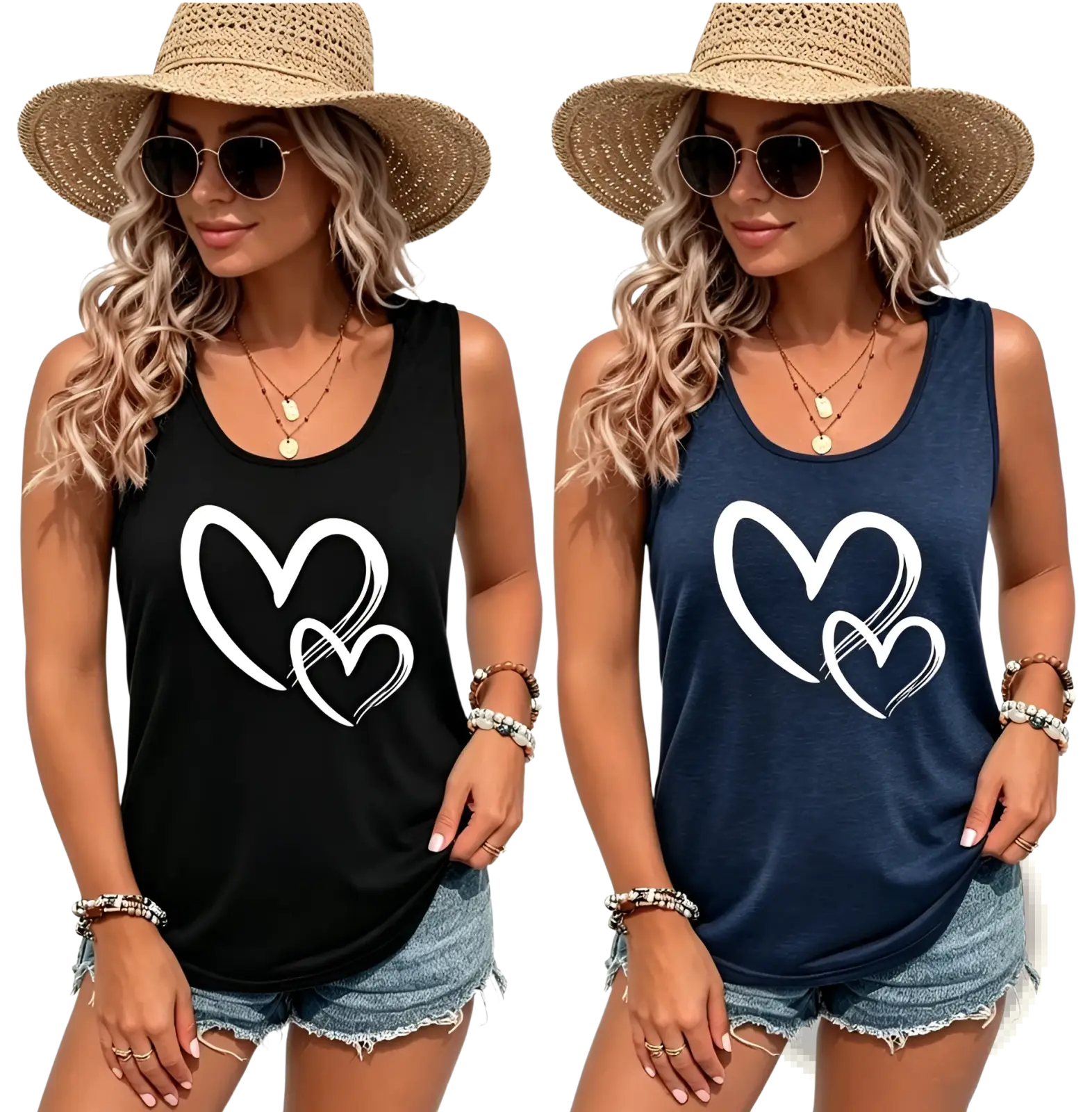 Brushstroke heart print sleeveless crew neck tank tops in black and navy blue featuring a white outlined heart design