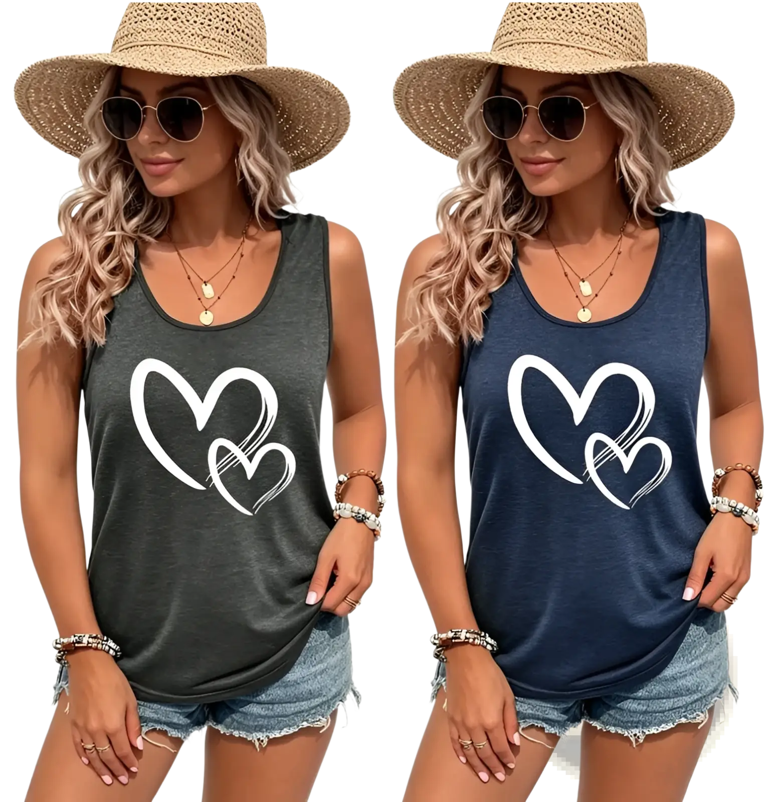 Two women wearing brushstroke heart print sleeveless crew neck tank tops in different colors with straw hats and sunglasses