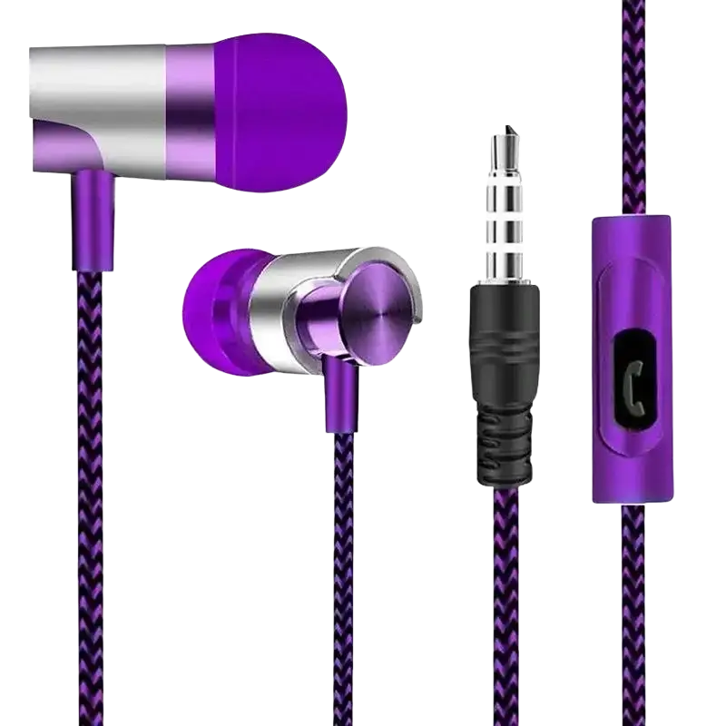 Brynthorx wired earbuds in purple and silver with braided cable and inline volume control for bass stereo sound