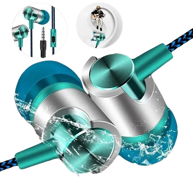 Teal and silver brynthorx wired earbuds with metallic finish featuring bass stereo sound and volume control for optimal audio