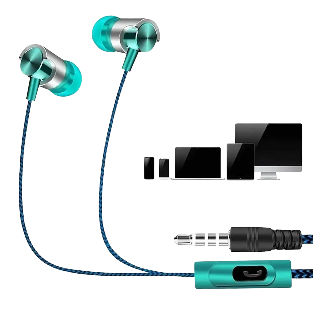 Brynthorx wired earbuds in teal and silver with braided blue cable and inline volume control for bass stereo sound