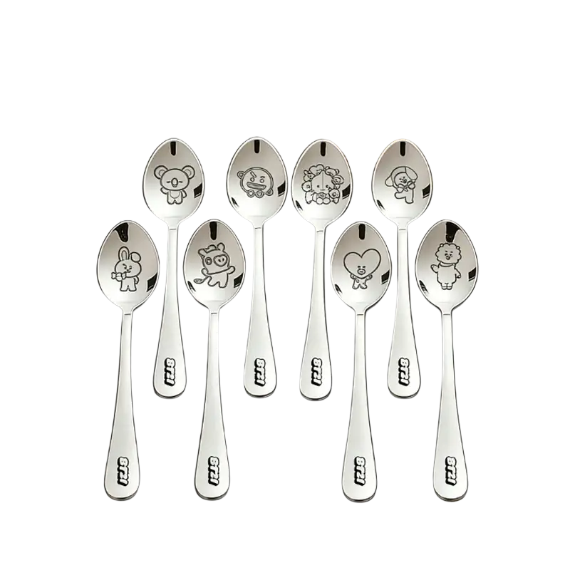 Set of seven shiny stainless steel dessert spoons engraved with unique bt21 characters and logo on the handle