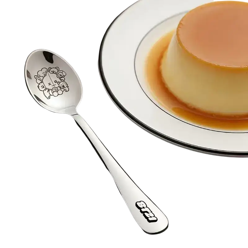 Bt21 stainless steel dessert spoon featuring a shiny silver finish with cartoon characters and bts logo on handle
