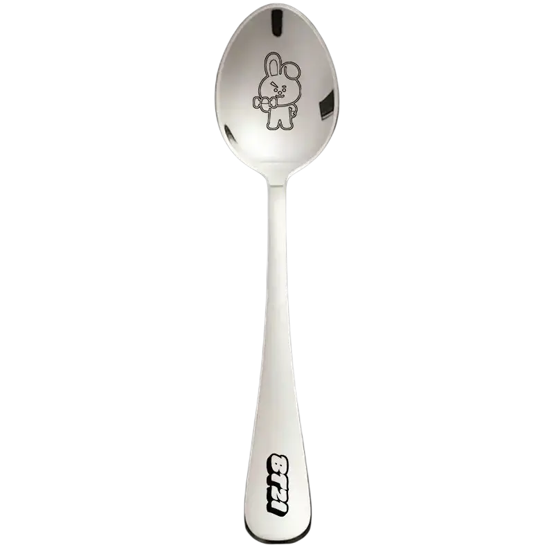Bt21 stainless steel dessert spoon in shiny silver with a cartoon rabbit design on the bowl and bt21 branding near the handle