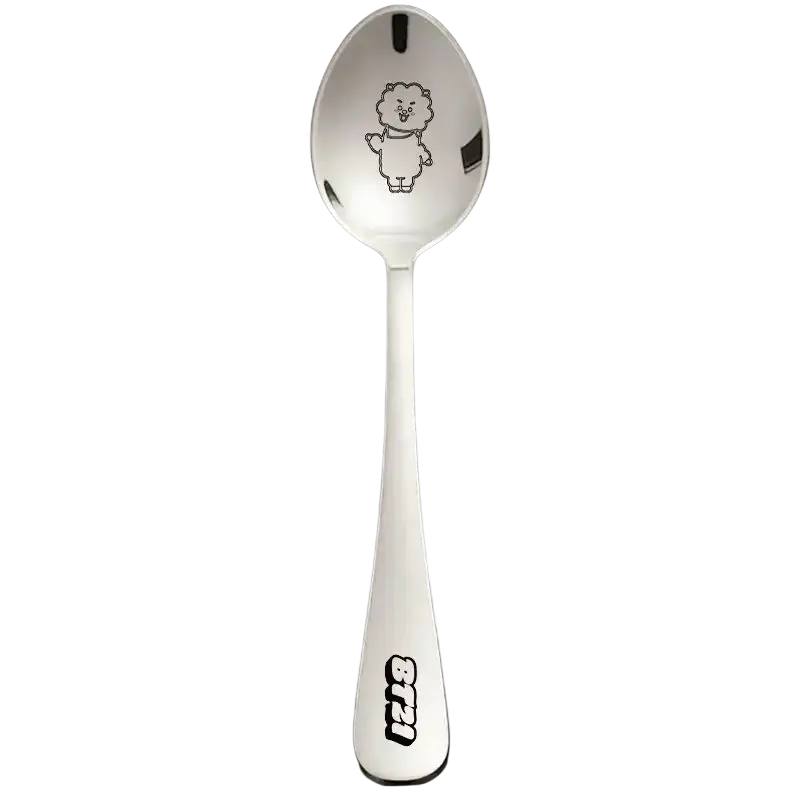 Bt21 stainless steel dessert spoon in silver with a cartoon character engraving and bt21 printed near the handle