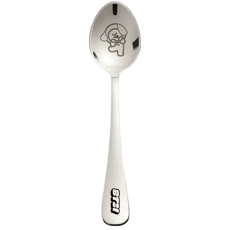 Silver bt21 stainless steel dessert spoon with cartoon dog design on bowl and logo near handle for tableware use