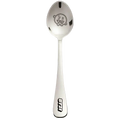 Bt21 stainless steel dessert spoon in silver with a cartoon character engraving and logo near the handle