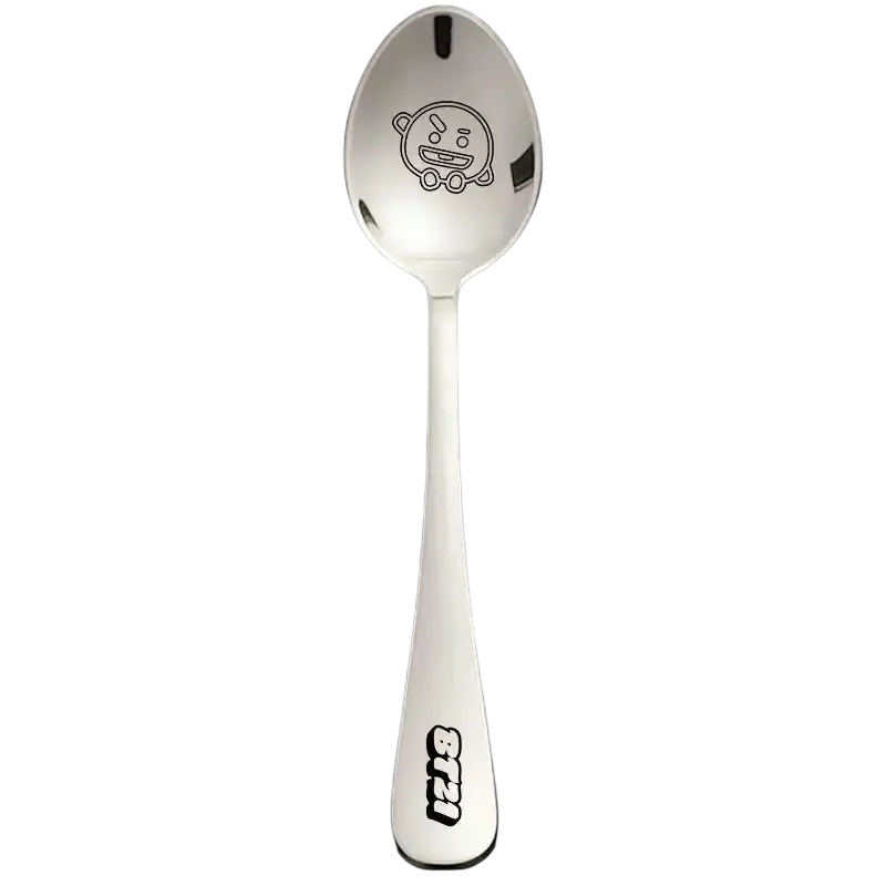 Bt21 stainless steel dessert spoon in silver with a cartoon character engraving and logo near the handle