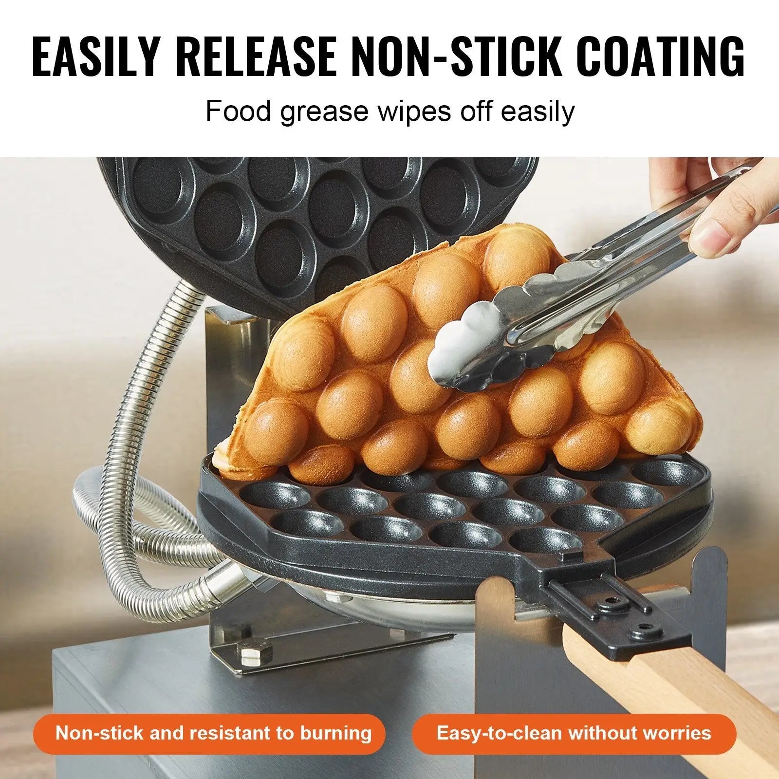 Black bubble waffle maker with non-stick coating and stainless steel handle for commercial 1400w egg pancake baking