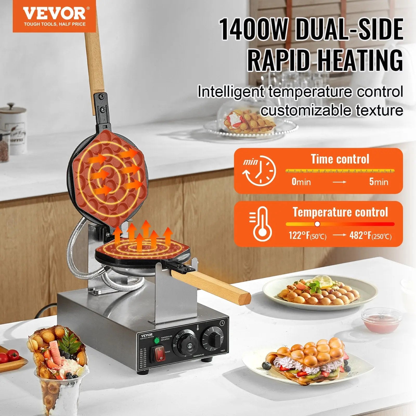 Vevor bubble waffle maker 1400w commercial egg pancake baker with dual-side rapid heating stainless steel body and wooden handles