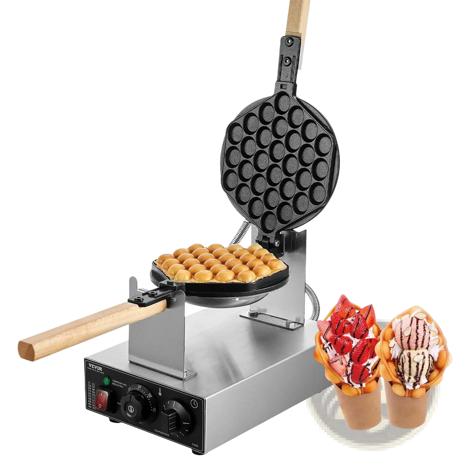 Stainless steel bubble waffle maker with wooden handles and black non-stick plates for commercial egg pancake baking