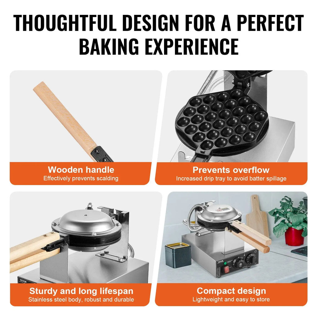 Stainless steel bubble waffle maker with wooden handles and compact design for commercial egg pancake baking