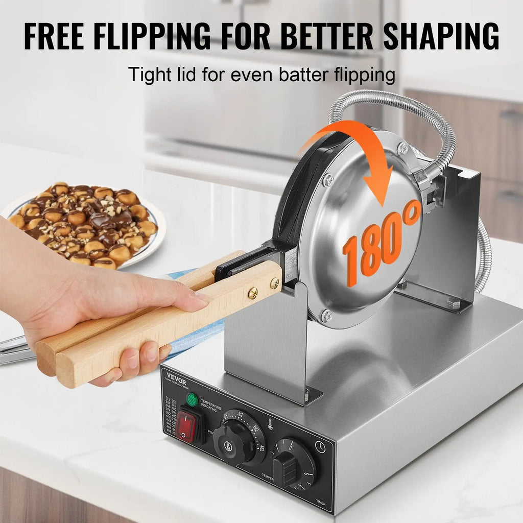 Stainless steel bubble waffle maker with wooden handles and 180 degree flipping feature for commercial use