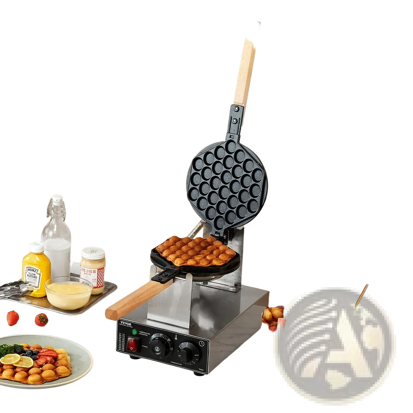 Stainless steel and wood-handled bubble waffle maker with circular grid-patterned cooking surface 1400w commercial use