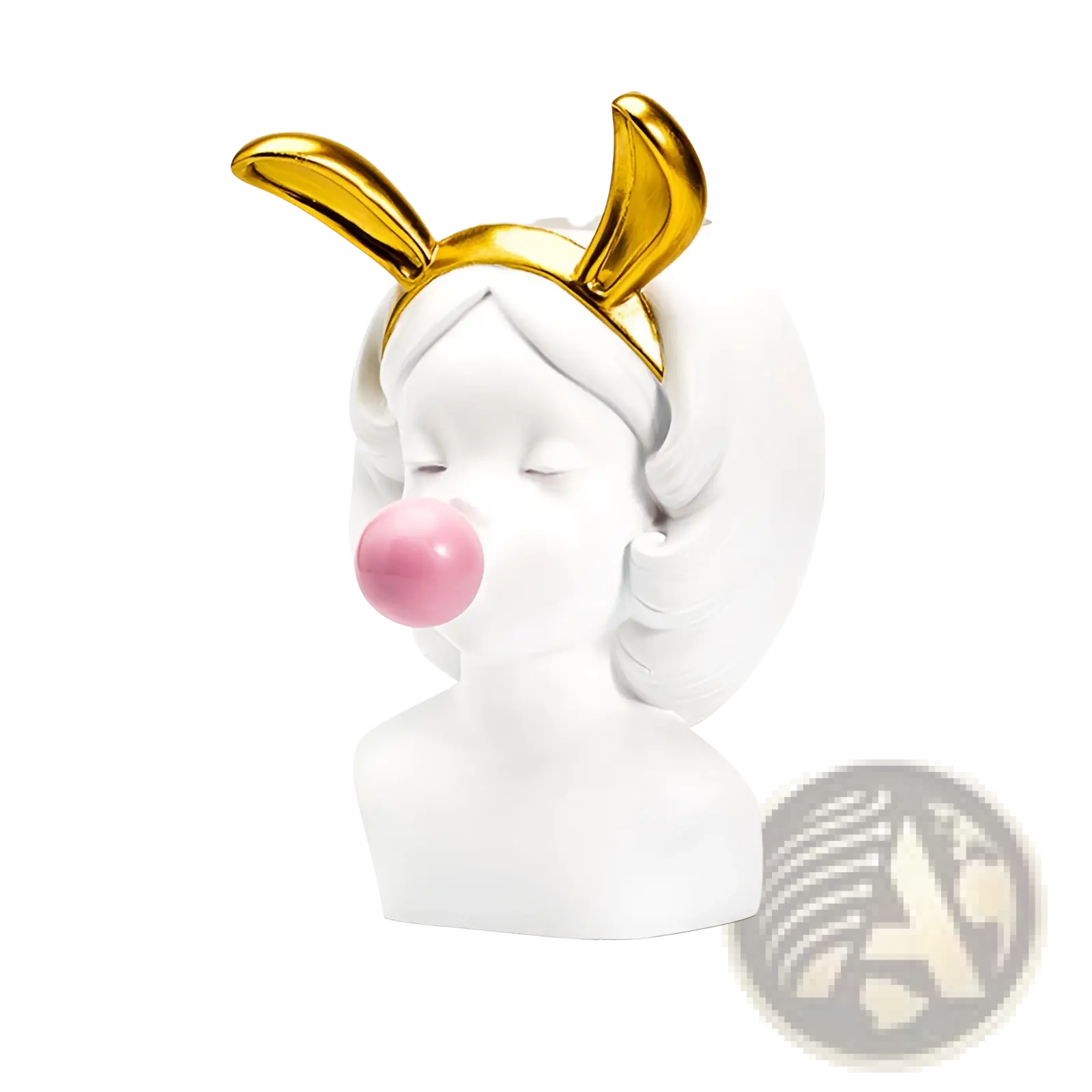 White resin bubblegum girl ceramic vase figurine with gold bunny ears and pink bubblegum bubble accents