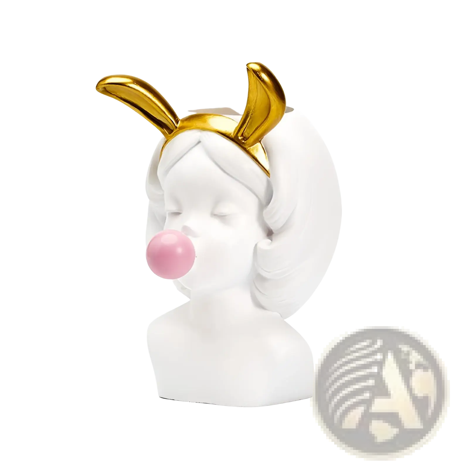 White ceramic bubblegum girl vase with gold bunny ears and pink bubble blowing detail