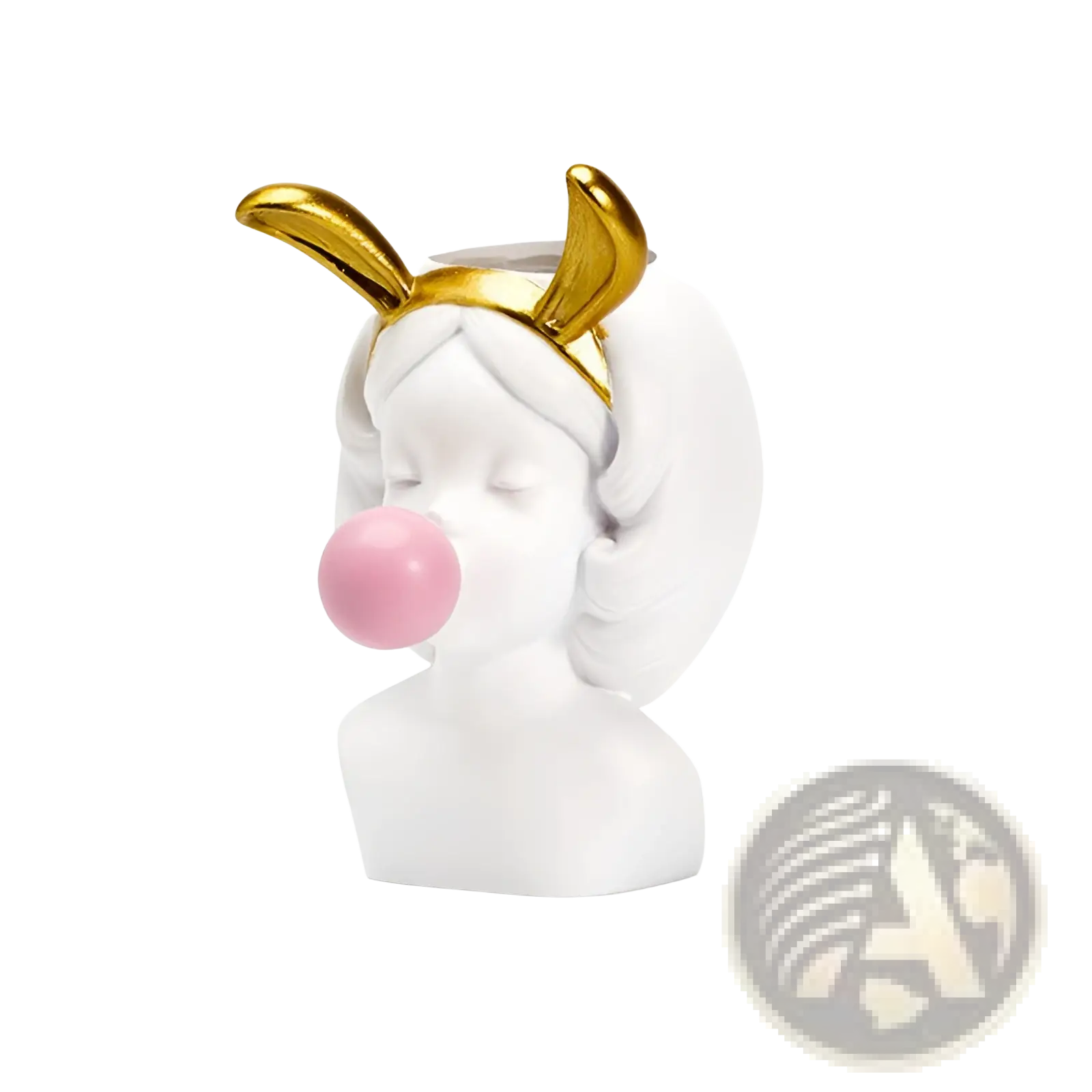 White ceramic vase shaped like a girl with gold bunny ears and pink bubblegum called Bubblegum Girl ceramic vase with gold accents