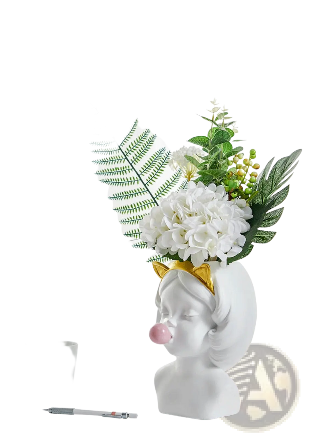 White ceramic bubblegum girl vase with gold cat ears blowing a pink bubblegum bubble with gold accents