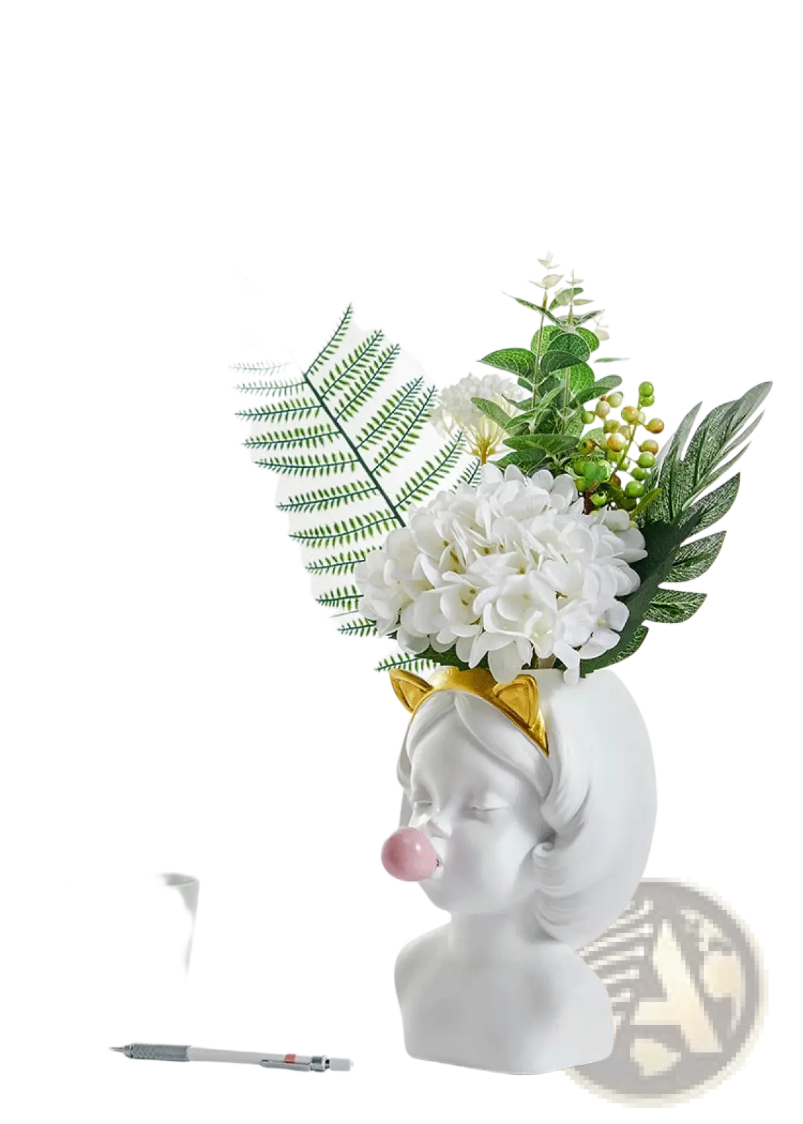 White ceramic bubblegum girl vase with gold cat ears blowing a pink bubblegum bubble with gold accents