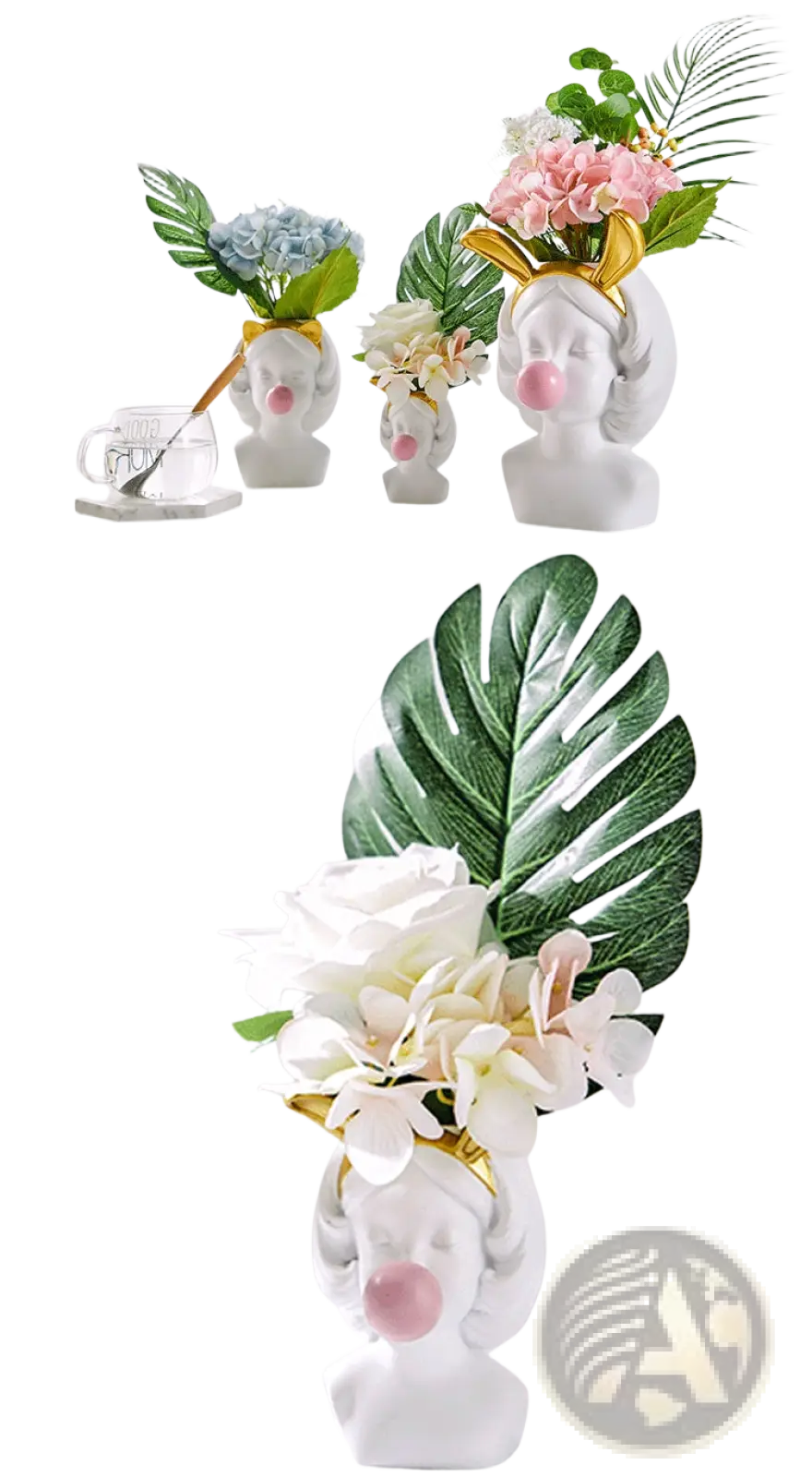 White ceramic bubblegum girl vase with gold accents holding white flowers and green tropical leaves