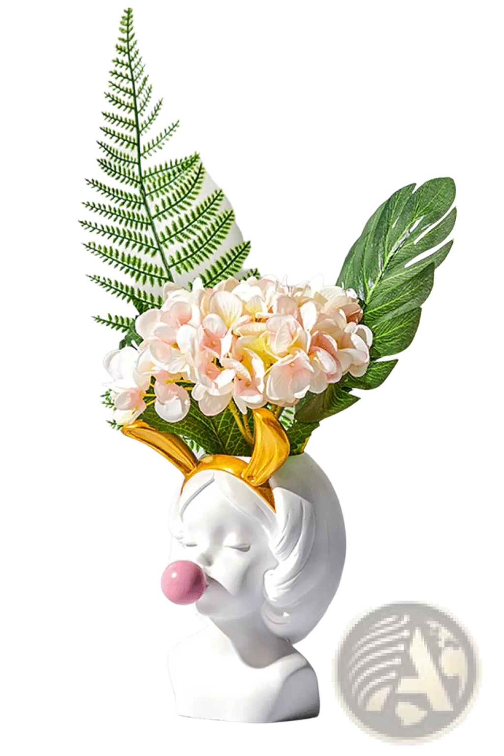 Bubblegum girl ceramic vase in white with gold antler horns holding pale pink hydrangeas and green ferns